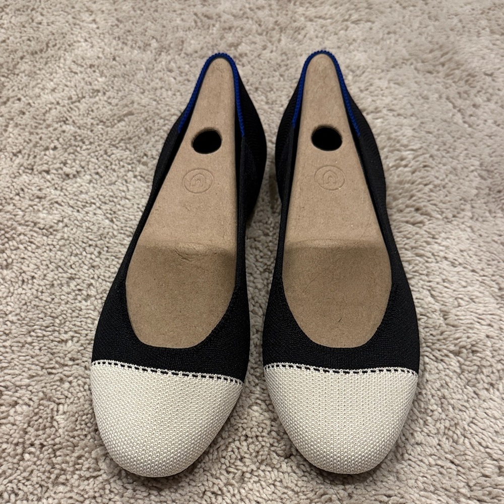 NWOT Rothy's Black and Cream Flats with Blue Accent